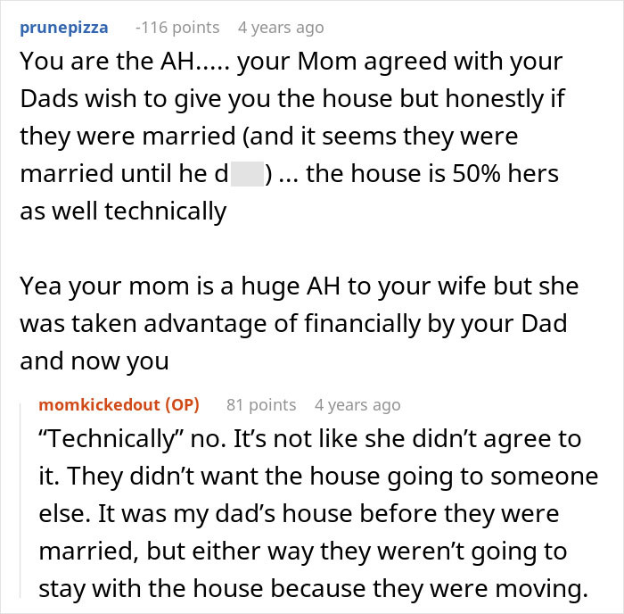 Online comment suggesting the mom should have 50% of the house, despite her harassing his wife's trauma.