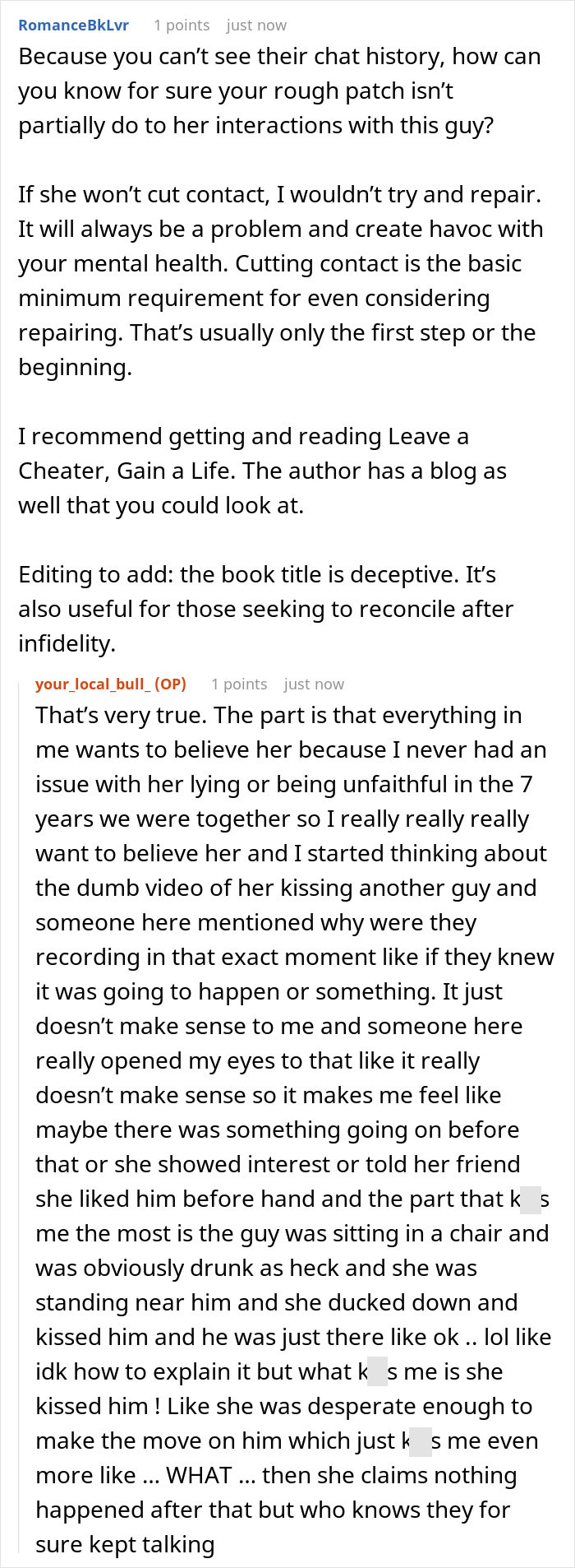 A screenshot of a forum discussion where users advise on a cheating wife refusing to cut contact. A screenshot of a forum discussion where users advise on a cheating wife refusing to cut contact.
