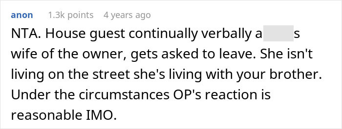 A screenshot of a Reddit comment stating a man is justified to refuse his mom housing after wife's harassment.