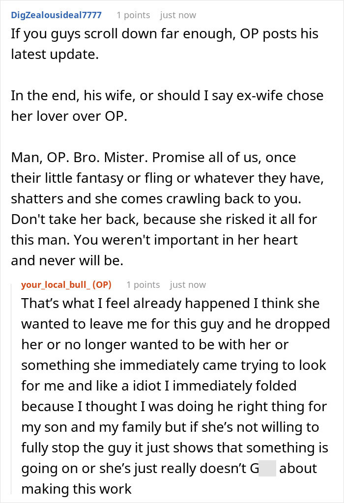 A comment section revealing the outcome where the cheating wife chose her lover and her husband's reaction. A comment section revealing the outcome where the cheating wife chose her lover and her husband's reaction.