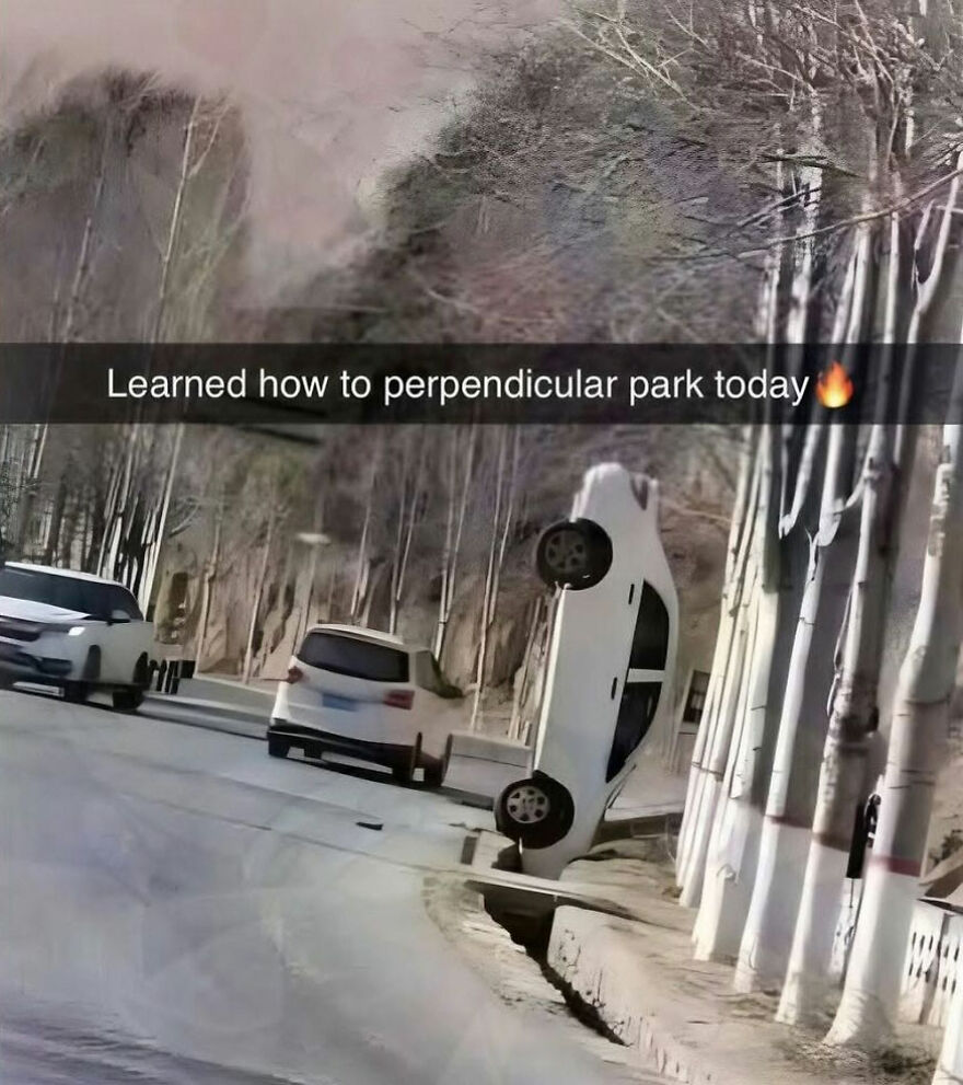 A white car parked perpendicularly on its front bumper against a curb, indicating a rough day behind the wheel.