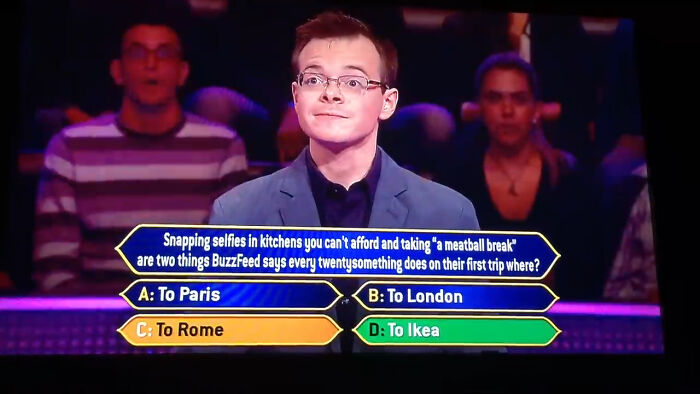 A young man on Who Wants To Be A Millionaire with a dumb answer for a Buzzfeed question.