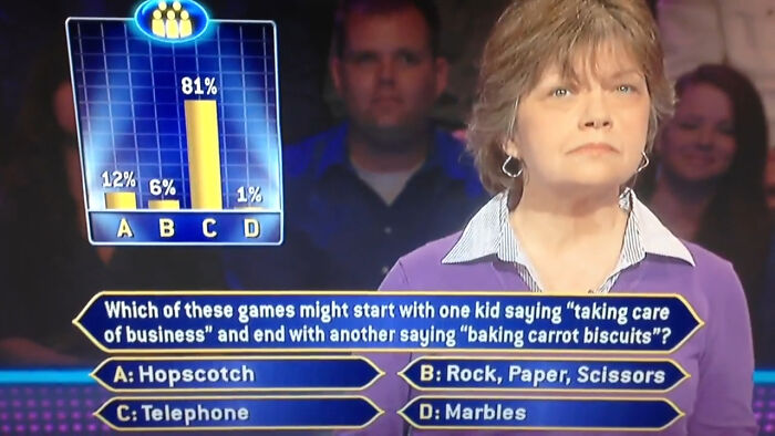 A contestant on Who Wants To Be A Millionaire faces a question about children's games and dumb answers.