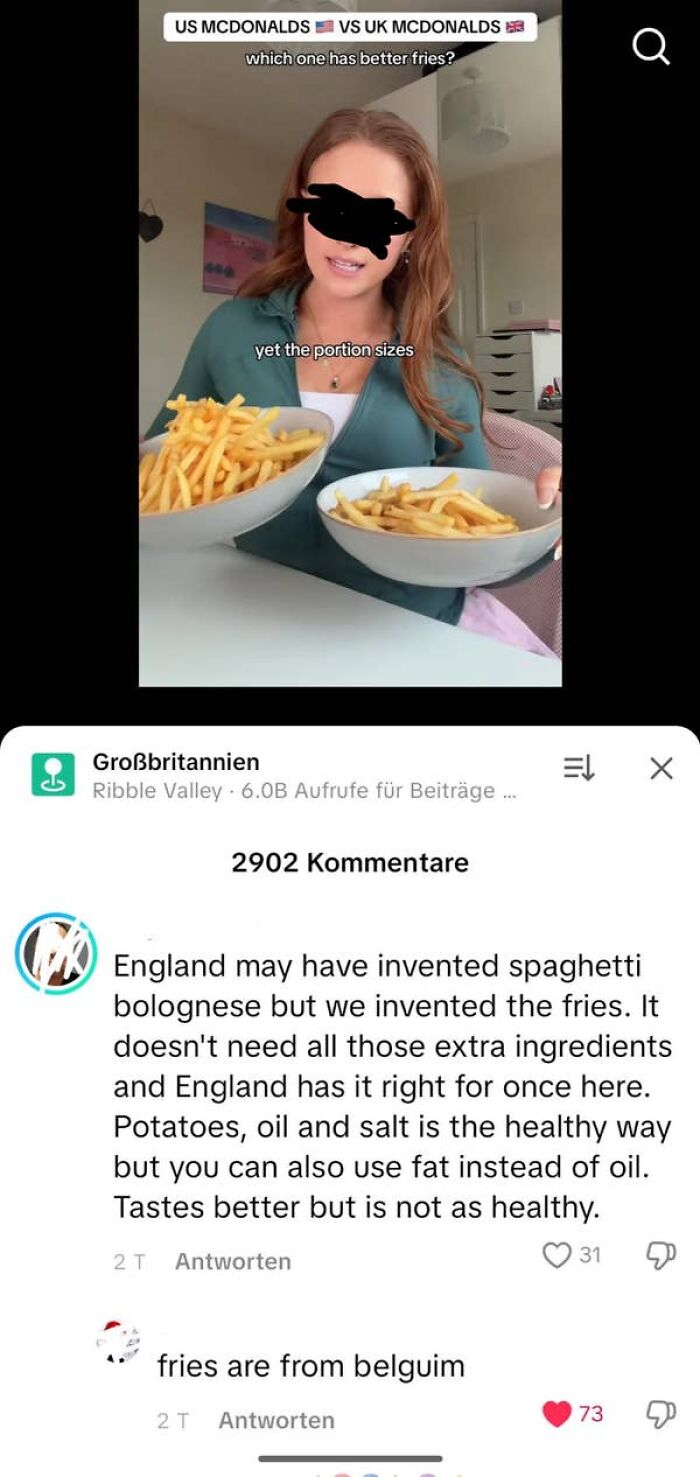 A woman holds two bowls of fries comparing US vs UK McDonald's, proving people are confused.