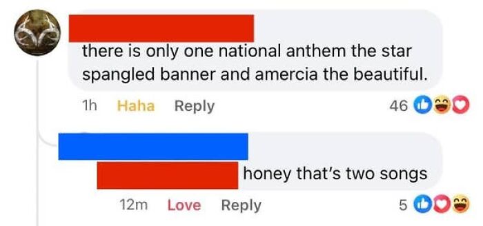 Screenshot of a social media exchange where people are confused about the number of US national anthems.
