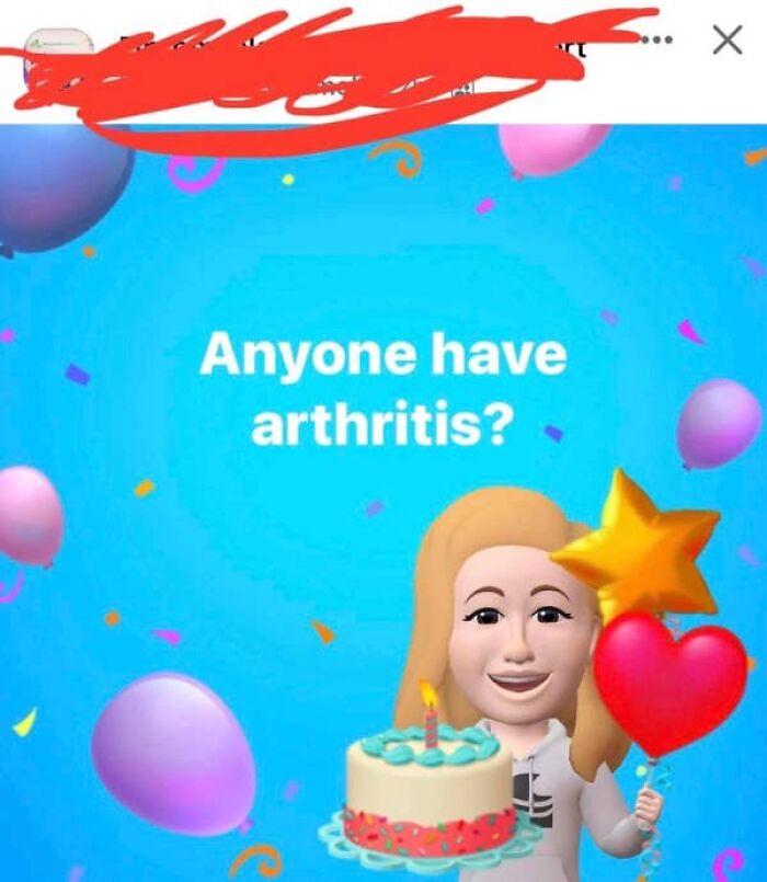 Elderly people asking about arthritis on a celebratory Facebook background, a humorous internet blunder.
