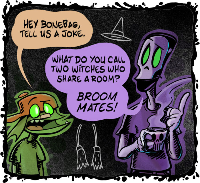 A comic showing a necromancer and assistant exchanging a joke, highlighting their absurd daily life.