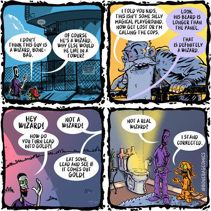 A comic featuring a necromancer and assistant interacting with a wizard, showcasing their absurd daily life.