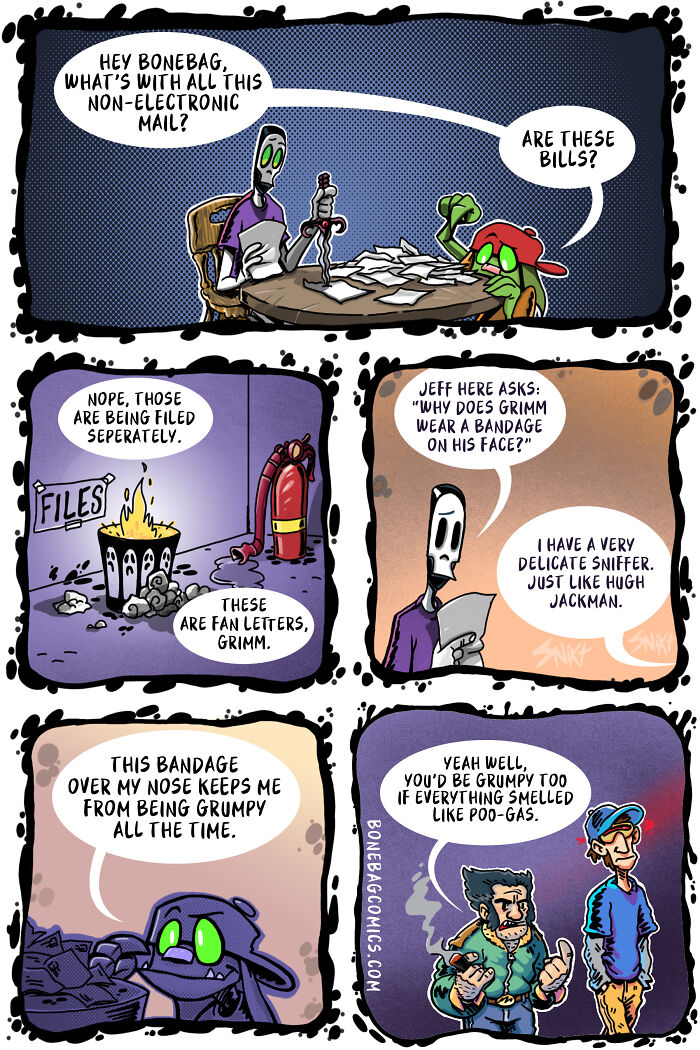 An absurd daily life of a necromancer and his assistant comic, showing the assistant receiving mail and having a delicate sniffer.