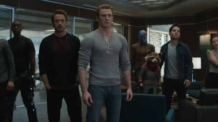 A still from an Avengers movie, showing Iron Man, Captain America, Ant-Man, and Rocket Raccoon standing together. A still from an Avengers movie, showing Iron Man, Captain America, Ant-Man, and Rocket Raccoon standing together.