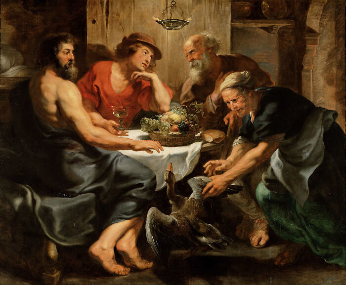 An old painting depicting people at a table with a goose, a fascinating piece you probably didnt know about the world.