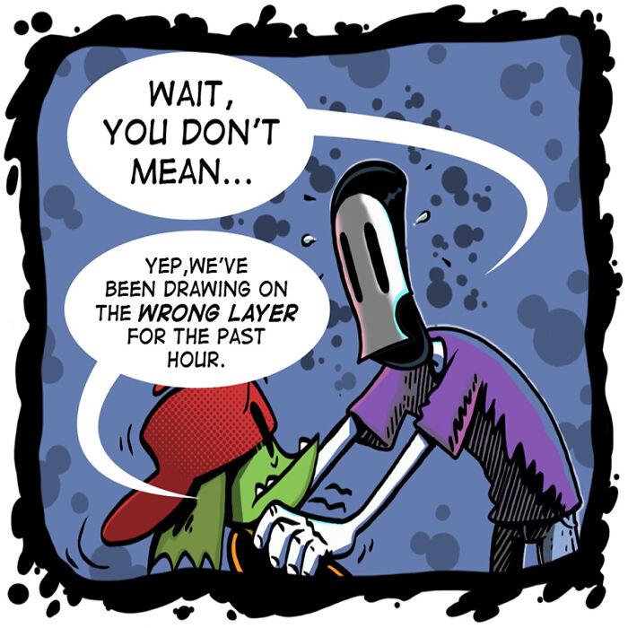 A comic panel of a necromancer and his assistant realizing they drew on the wrong layer.