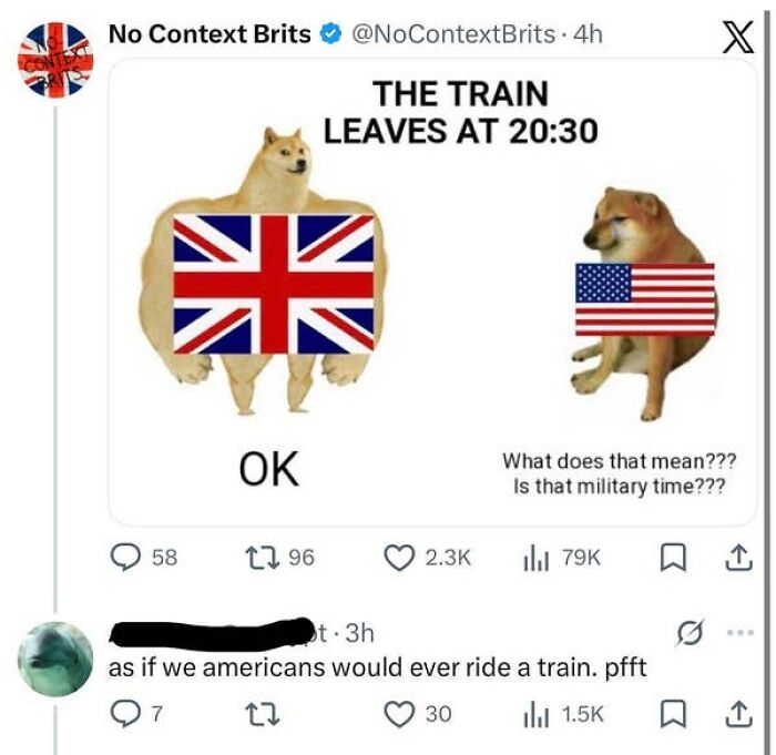 Twitter screenshot comparing American and British understanding of military time, highlighting American confusion.