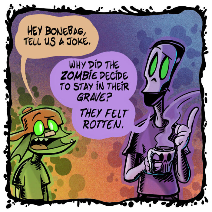 A comic panel featuring a necromancer telling a joke to his assistant about a zombie feeling rotten.