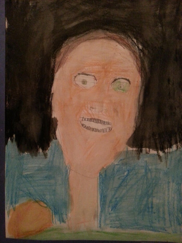 A child's drawing of a person with wide eyes and a smile, depicting how parents were terrified of their own children.