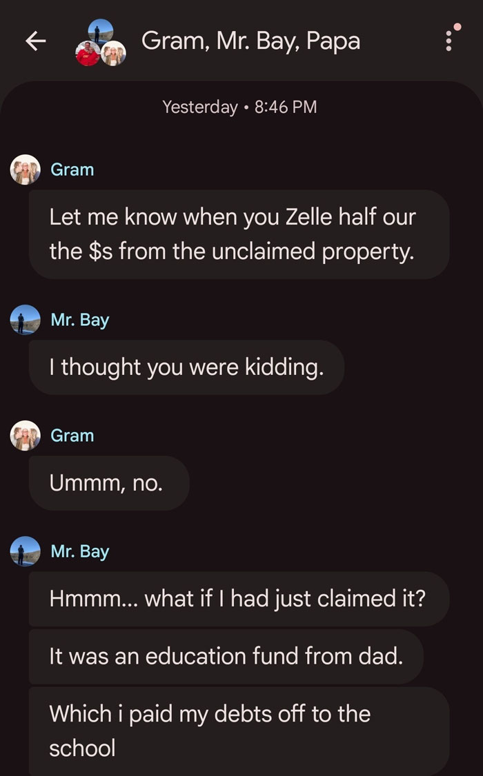 A text message conversation showing a mom demanding a finder's fee for her son's long-lost money. A text message conversation showing a mom demanding a finder's fee for her son's long-lost money.