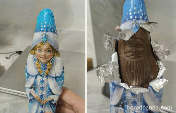 A weird meme showing a chocolate figure wrapped in blue foil, revealing a Santa face instead of the Elsa-like character.