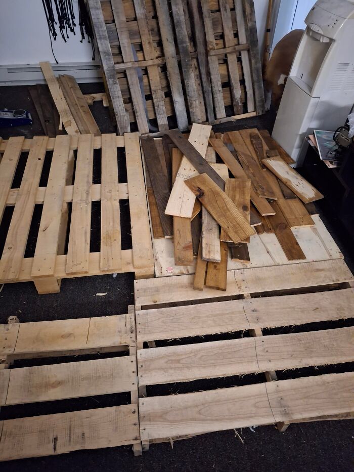 A pile of wooden pallets on the floor, some stacked, showing a freaked out home.