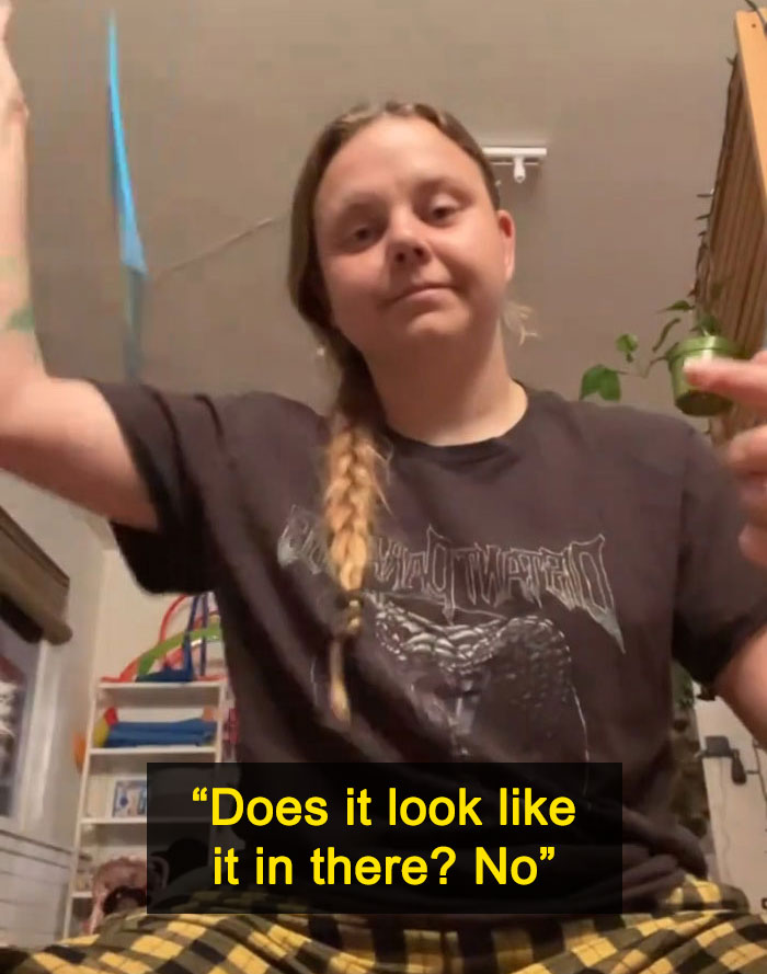 A woman gesturing while a text overlay asks Does it look like it in there? No about the actual scale of the continents.