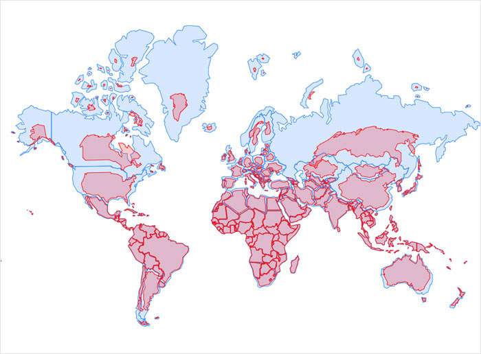 An overlay map illustrating the actual scale of the continents, highlighting their true sizes compared to typical projections.