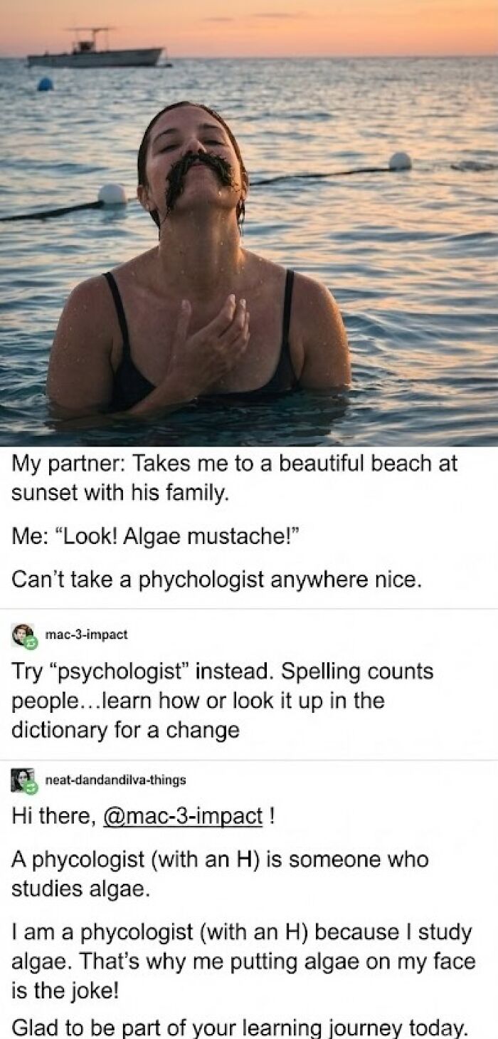 A social media post with a photo of a woman in the ocean with algae on her face, and know-it-alls in comments.