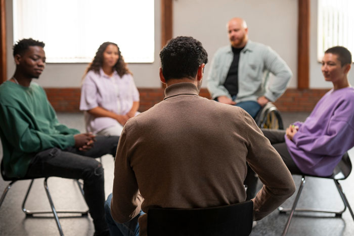 An airsoft leader listens to his squad of four diverse team members in a circle, discussing dress code and sponsors. An airsoft leader listens to his squad of four diverse team members in a circle, discussing dress code and sponsors.
