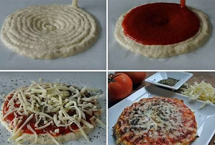 A four-panel image showing the steps to create a mini pizza, from dough to a finished meal.