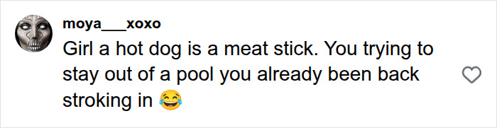 A social media comment comparing hot dogs to meat sticks, discussing trendy snack food.