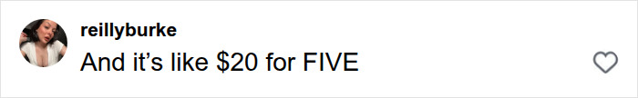 A social media comment from reillyburke highlighting the high cost of trendy snack food, stating it's $20 for five.