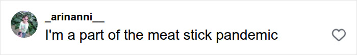 Screenshot of social media post: username _arinanni_ with a profile picture of a person, and the text I'm a part of the meat stick pandemic. This image represents the Americans obsession with trendy snack food.