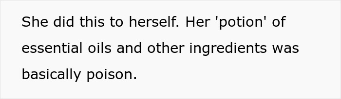 Text snippet: Crazy MIL couldn't survive her most recent potion of essential oils and other ingredients, which was poison.