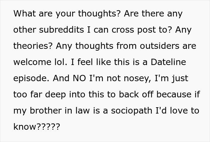 The text asks for theories and suggests the GF's brother-in-law might be a sociopath.