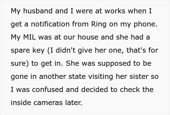 A screenshot of text about a woman's MIL who used a spare key to enter her home, making her suspicious about having grandbabies.