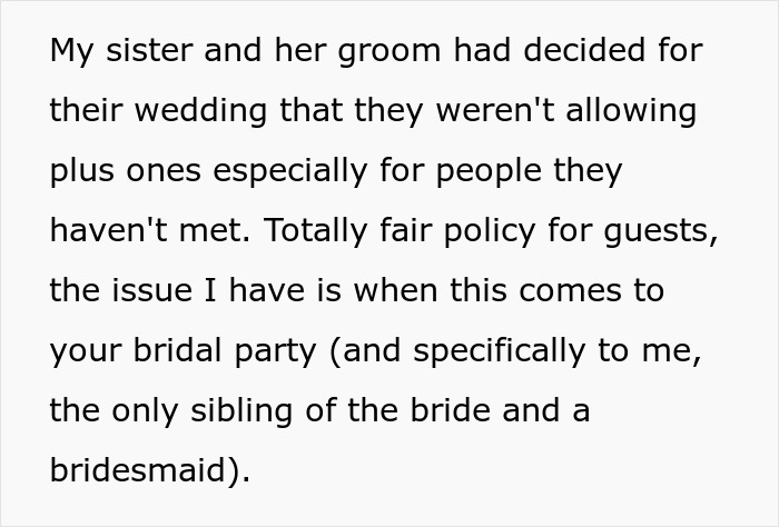 A screenshot of a post discussing a bride's wedding guest list policy, excluding plus-ones for bridesmaids.