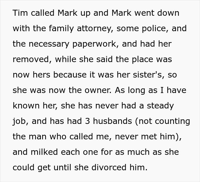 The entitled aunt removed with family attorney and police, trying to take over home. The entitled aunt removed with family attorney and police, trying to take over home.