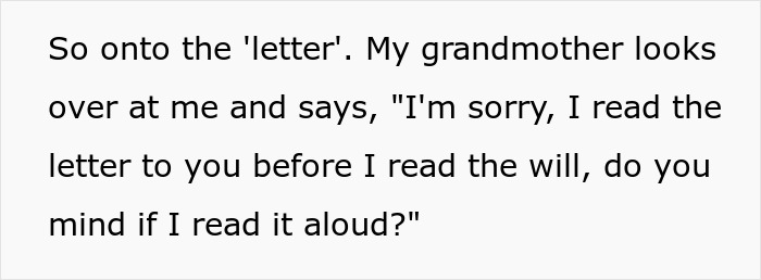 A screenshot of text about a grandmother asking to read a letter before the will, related to great-grandma trolling. A screenshot of text about a grandmother asking to read a letter before the will, related to great-grandma trolling.