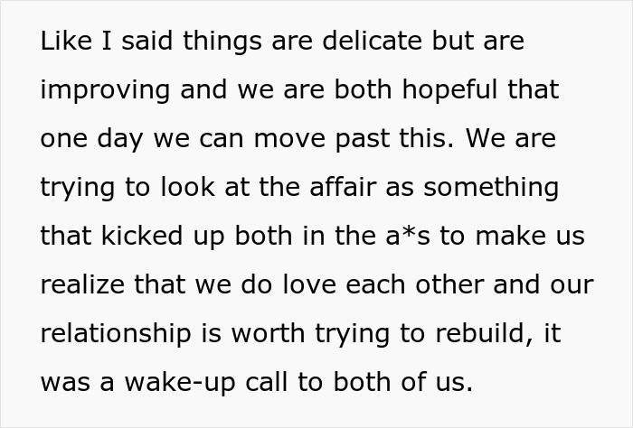 The wife reflects on the affair, hoping to rebuild trust and forgive her husband. The wife reflects on the affair, hoping to rebuild trust and forgive her husband.