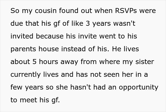 A screenshot of a post detailing a wedding guest list issue where a cousin's girlfriend was not invited.