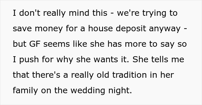 Text detailing the groom's discovery of a family tradition involving the wedding night bed sheet.