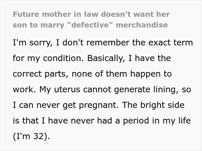 Screenshot of text about a future mother-in-law calling a woman defective because she cannot get pregnant.