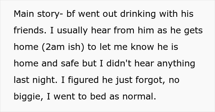 A screenshot showing text about a boyfriend out drinking and not coming home, causing girlfriend concern. Cruel prank context. A screenshot showing text about a boyfriend out drinking and not coming home, causing girlfriend concern. Cruel prank context.