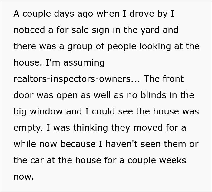 A white text message on a grey background detailing the dog owner's discovery of a for sale sign and an empty house. A white text message on a grey background detailing the dog owner's discovery of a for sale sign and an empty house.