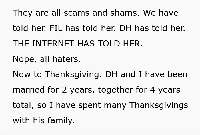 Screenshot of text detailing family's attempts to warn MIL about pyramid schemes and essential oils, leading to a Thanksgiving disaster. Screenshot of text detailing family's attempts to warn MIL about pyramid schemes and essential oils, leading to a Thanksgiving disaster.