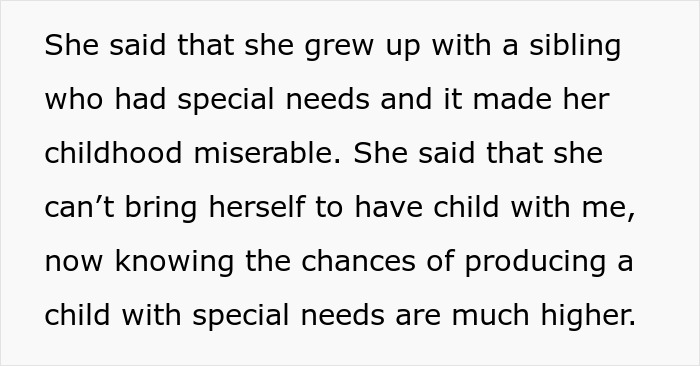 A screenshot of text explaining why a wife changed her mind about having kids due to an autism diagnosis. A screenshot of text explaining why a wife changed her mind about having kids due to an autism diagnosis.