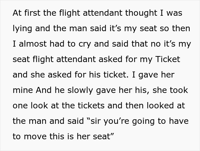 Text describing a flight attendant intervening after a man tries to steal a child's window seat. Text describing a flight attendant intervening after a man tries to steal a child's window seat.