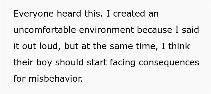 Text explaining a man creating an uncomfortable environment by saying his nephew should face consequences for punching his baby daughter.