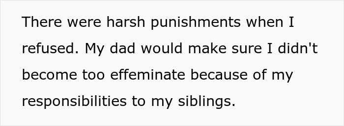 A screenshot of text discussing harsh punishments and parents making their son raise their kids. A screenshot of text discussing harsh punishments and parents making their son raise their kids.