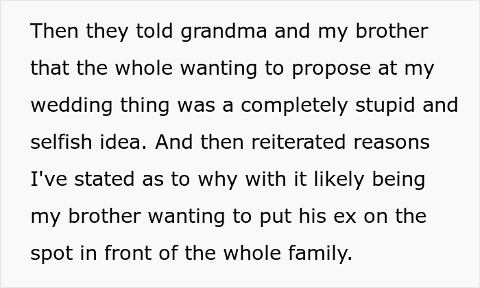 Entitled man plans to propose at brother's wedding, a screenshot of text describing a selfish proposal plan.