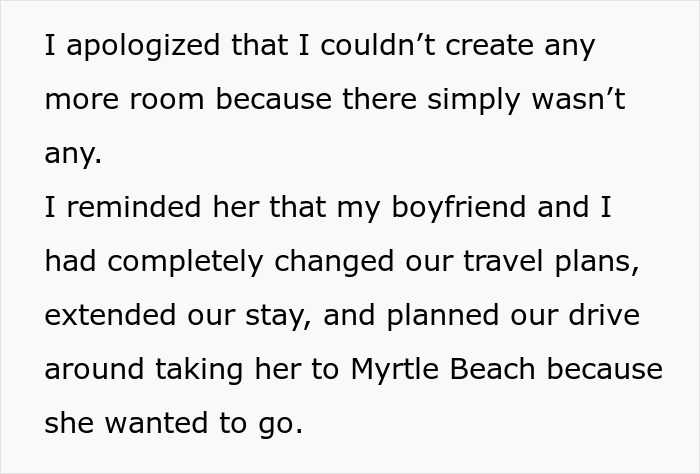 Text snippet explaining family drama and modified travel plans for a sister's trip, leading to a woman turning car around. Text snippet explaining family drama and modified travel plans for a sister's trip, leading to a woman turning car around.