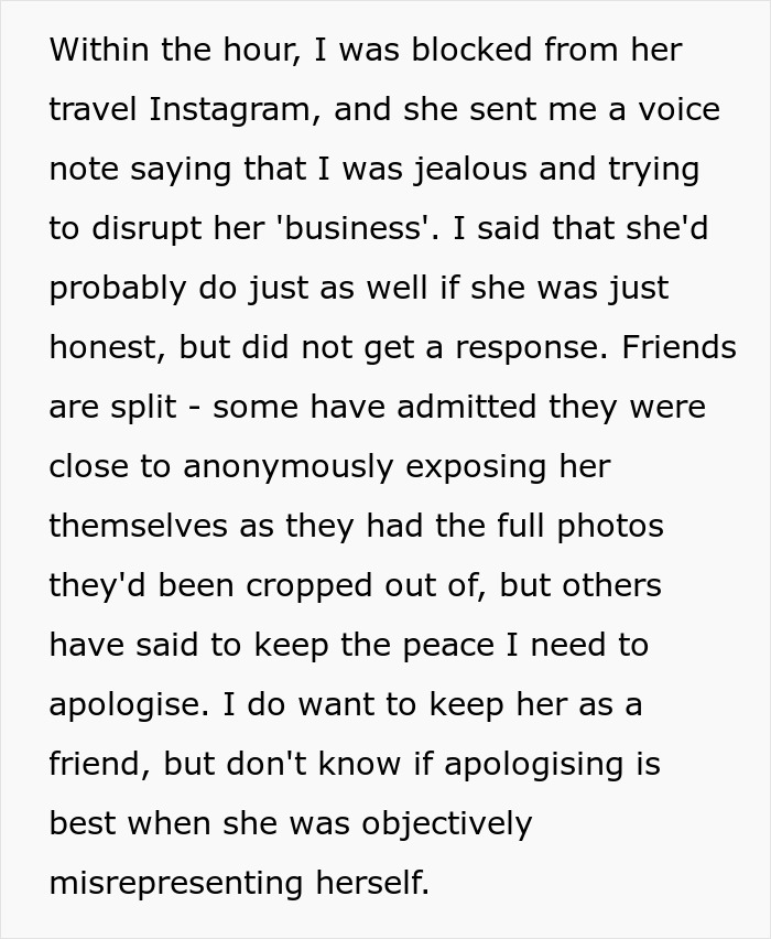 A screenshot showing how the travel influencer blocked a friend for calling out her lies about solo trips. A screenshot showing how the travel influencer blocked a friend for calling out her lies about solo trips.